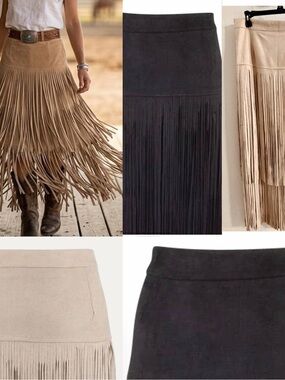 2 ADORE Pinto Ranch cowgirl boho dbl Fringed Suede skirt long ankle sz M L